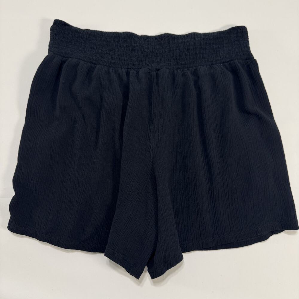 Three Dots Shorts Womens Med 100% Cotton Gauze High Waisted Black Pull On Beach